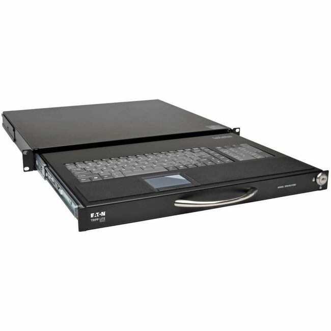 Eaton Tripp Lite 1U rackmount keyboard with KVM cable kit for 2-post or 4-post server racks, shown in a data center rack setup.