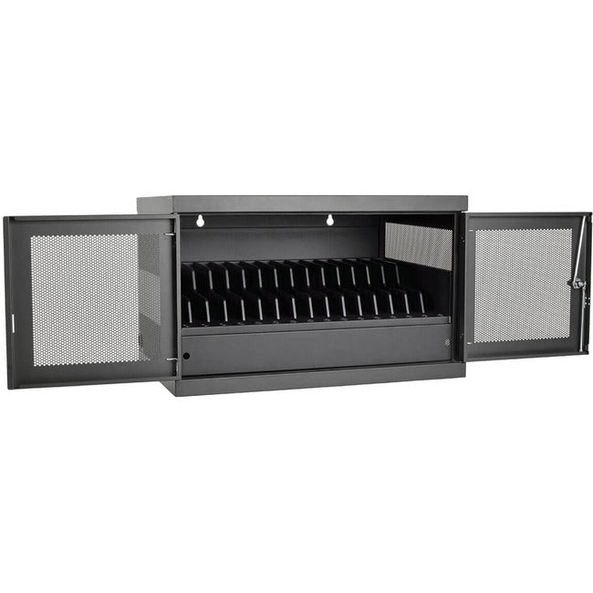 Eaton CSC16USB wall-mount USB charging station cabinet with 16 ports for iPads and Android tablets, black finish.