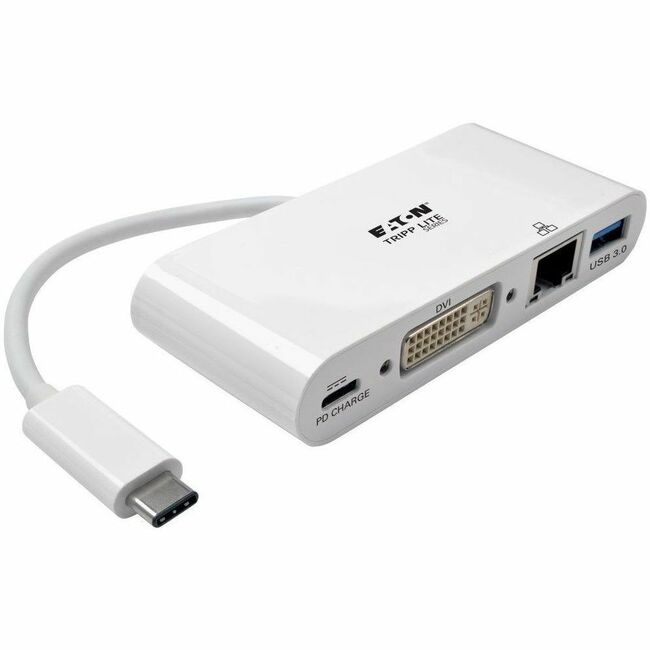 Eaton U444-06N-DGU-C Tripp Lite Series USB-C Multiport Adapter, DVI, USB 3.x (5Gbps) Hub Port, Gbe and PD Charging, White