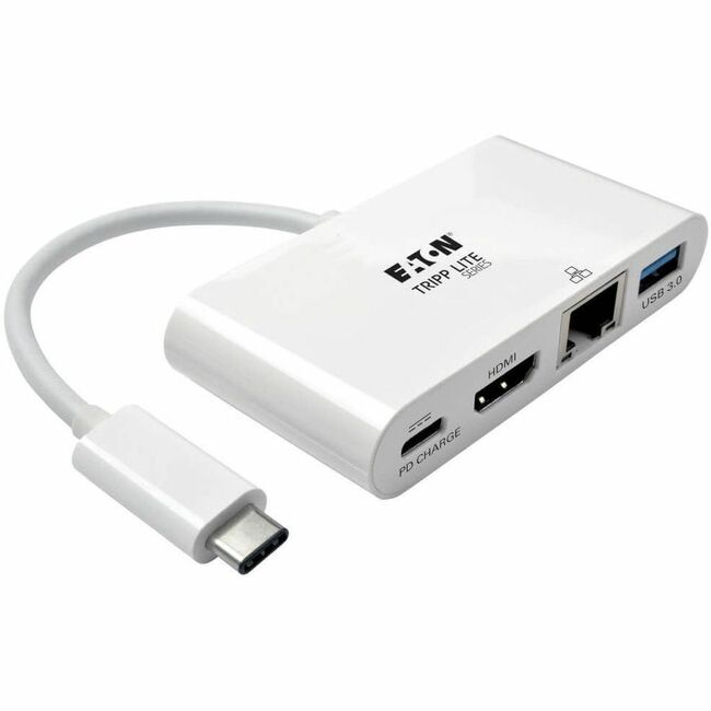 Eaton U444-06N-HGU-C USB-C multiport adapter with HDMI, USB 3.0 hub, Gigabit Ethernet, 60W PD charging, in white.