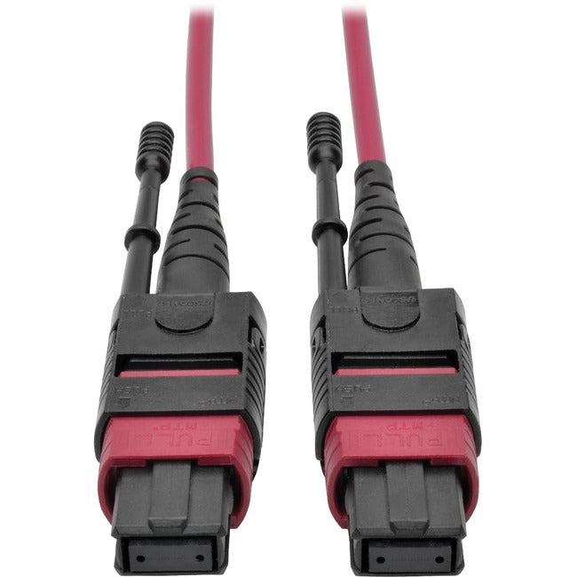 Eaton Tripp Lite 100G MTP/MPO multimode OM4 fiber optic cable with magenta connectors, 12 fibers, 3 meters length, push/pull tabs