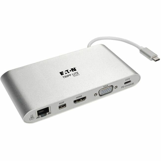 Eaton U442-DOCK1 Tripp Lite USB-C docking station with dual 4K HDMI, USB-A/C ports, VGA, GbE, memory card slot, and 100W PD charging