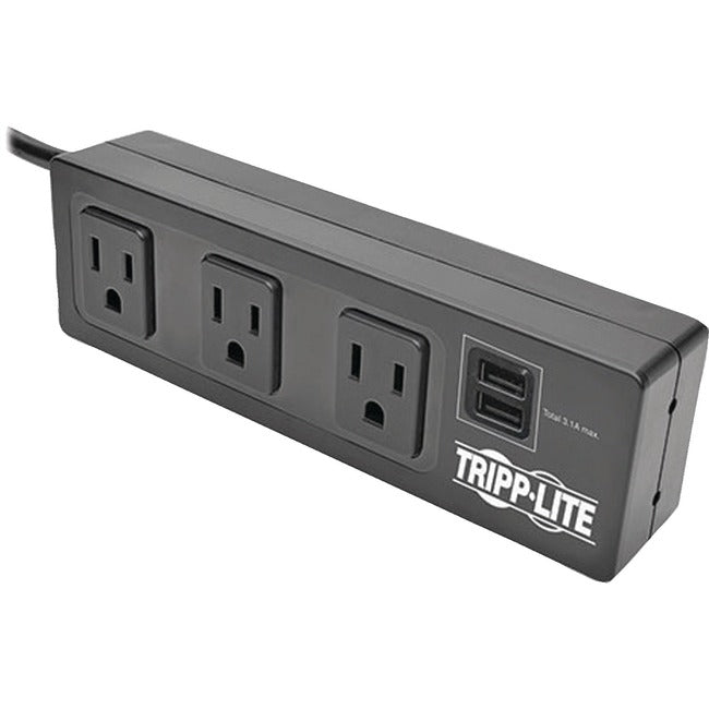 Eaton Tripp Lite Surge Protector with 3 outlets, USB ports, 10 ft cord, desk clamp, black housing, and 510 joules surge protection