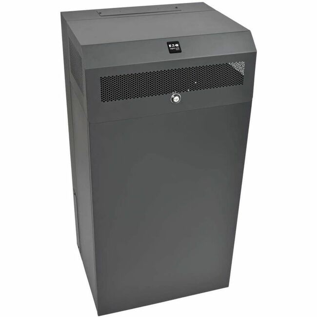 Eaton Tripp Lite SmartRack 12U low-profile vertical wall-mount server rack enclosure showing front view with open door