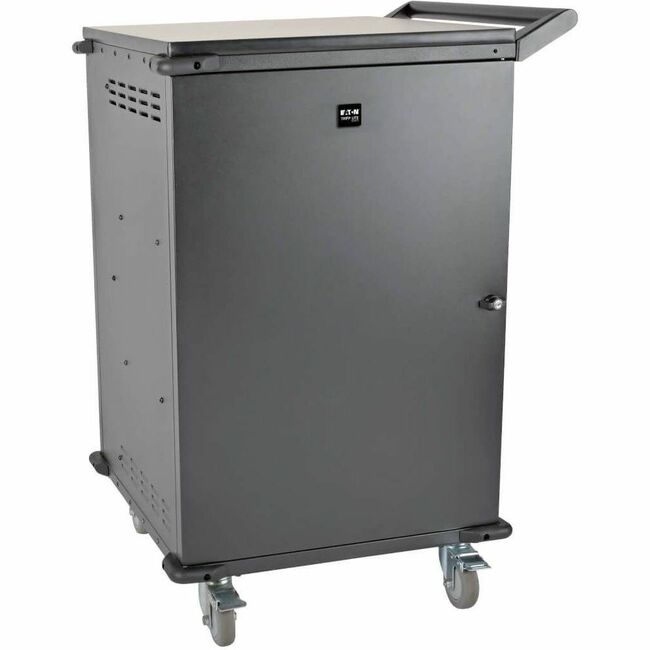 Eaton CSC36AC multi-device charging cart with 36 AC outlets, black finish, holding Chromebooks and laptops, sturdy metal trolley.