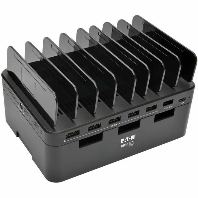 Eaton Tripp Lite Series 7-port USB charging station with Quick Charge 3.0, USB-C port, device storage, 5V 4A output.