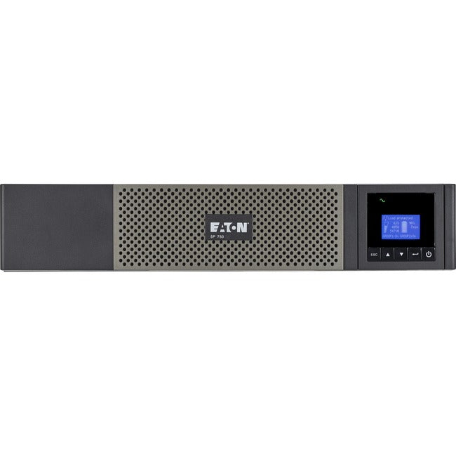 Eaton 5P750RC 750VA line-interactive UPS with 10 outlets, true sine wave, 2U rack-mount, and network card option.