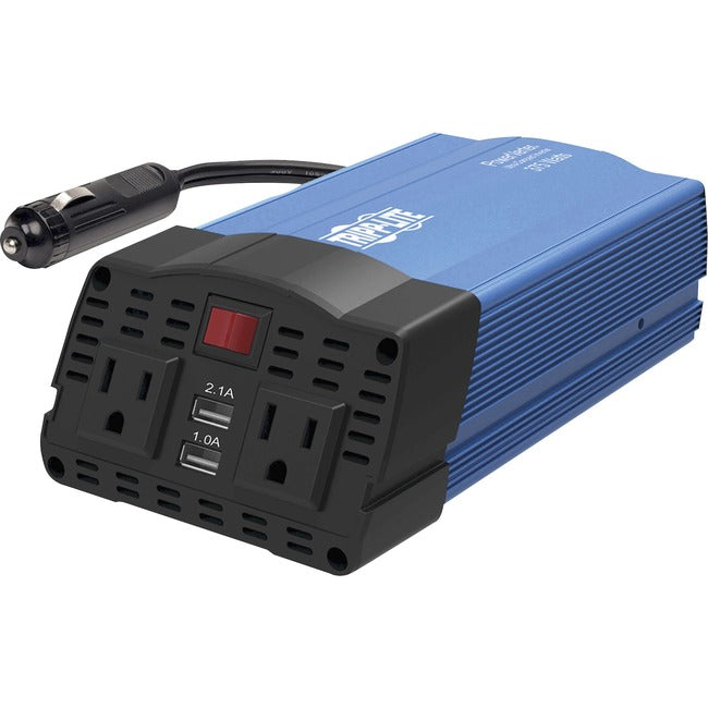 Eaton PowerVerter ultra-compact car inverter with 2 AC outlets, 2 USB ports, and battery cables in a portable design