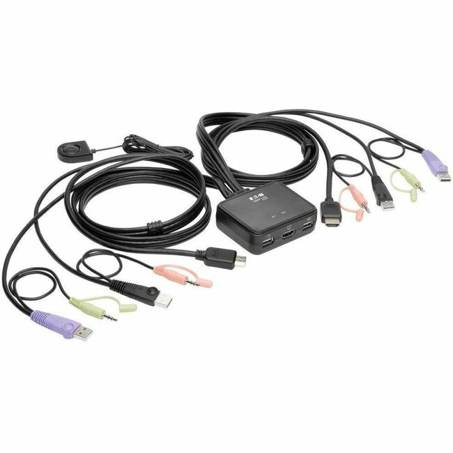 Eaton Tripp Lite Series 2-Port USB/HD KVM switchbox with audio/video ports and attached cables for USB peripheral sharing.