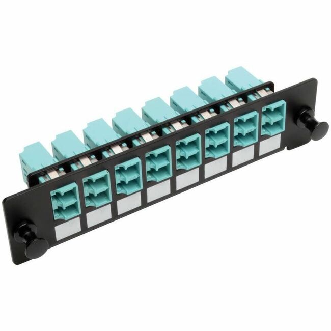 Eaton N492-08D-LC high-density fiber patch panel with 8 LC duplex connectors in black, for MMF and SMF fiber optic connections.