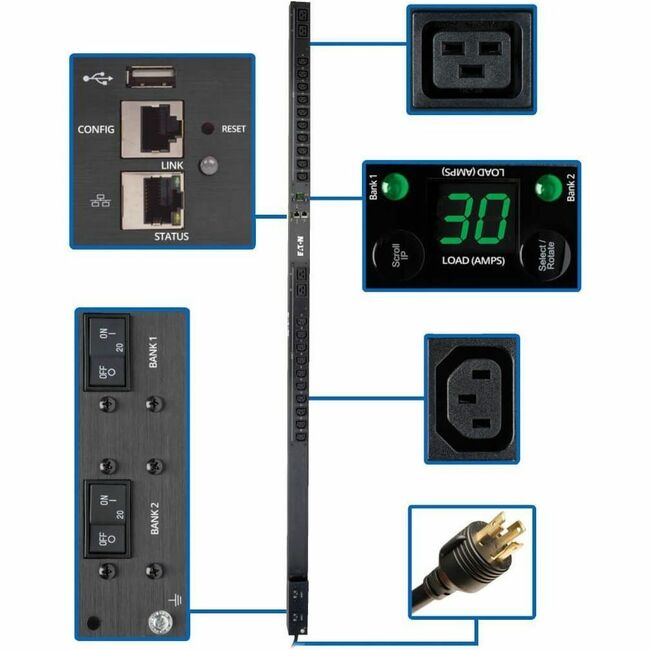 Eaton PDUMNV30HVLX monitored PDU with 20 C13 and 4 C19 outlets, single-phase 208/230V, L6-30P plug, TAA compliant.