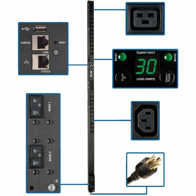 Eaton PDUMV30HVNETLX PDU with 20 C13 and 4 C19 outlets, single-phase switched power distribution unit, 208/230V, TAA compliant
