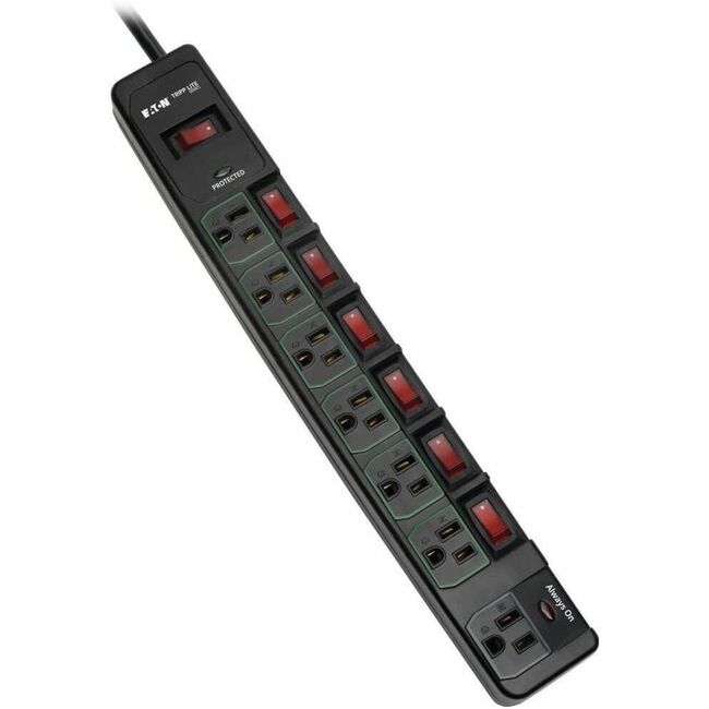 Eaton TLP76MSGB Tripp Lite Series ECO-Surge 7-Outlet Surge Protector, 6 ft. (1.83 m) Cord, 1080 Joules, 6 Individually Controlled Outlets, Black Housing