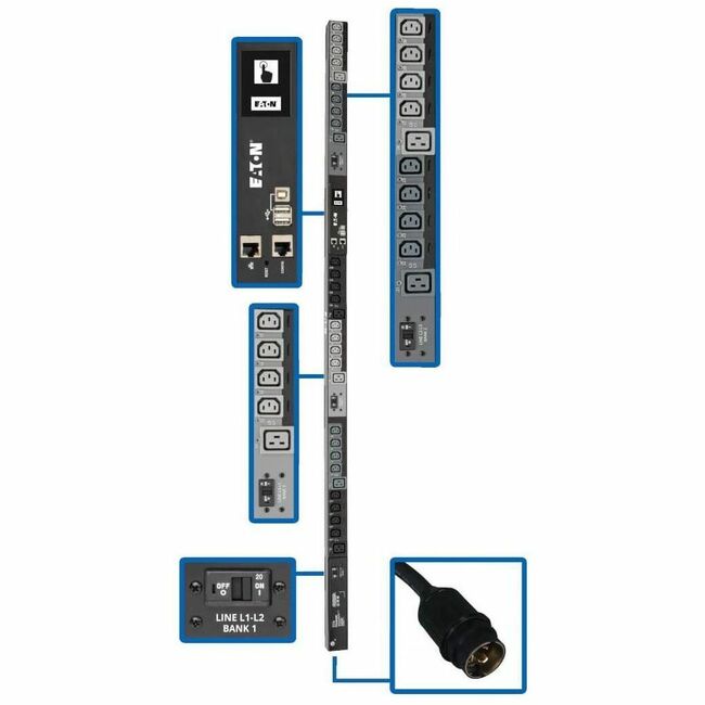 Eaton PDU3EVSR6L2130 Tripp Lite by Eaton PDU 10kW 200-240V 3PH Switched PDU - LX Interface Gigabit 30 Outlets L21-30P Input LCD 1.8 m Cord 0U 1.8 m Height TAA