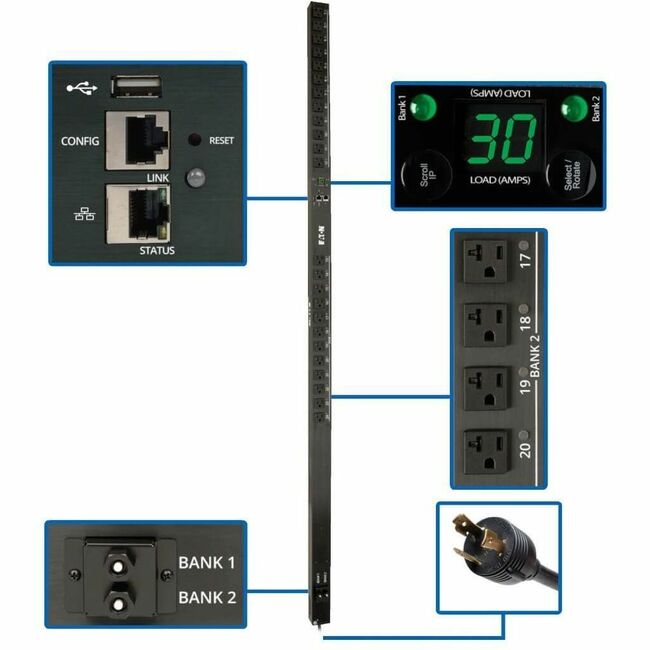 Eaton Tripp Lite PDU with 24 5-15/20R outlets, 2.9kW single-phase switched PDU, 10 ft. cord, TAA compliant.