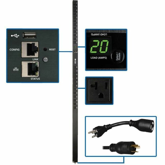 Eaton PDUMV20NETLX PDU with 24 120V outlets, 10 ft cord, single-phase switched power distribution unit, TAA compliant.