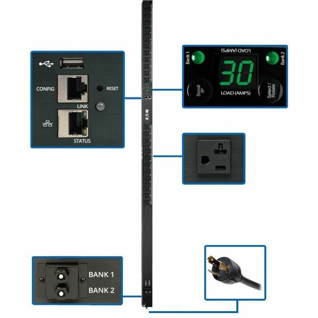 Eaton PDUMNV30LX monitored PDU with 24 5-15/20R outlets, L5-30P plug, vertical 0U design, TAA compliant, for data center use