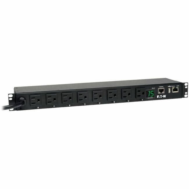 Eaton PDUMH15NET2LX PDU with 8 NEMA 5-15R outlets, 1.4kW power, 12 ft cord, single-phase switched rack unit.