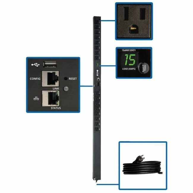 Eaton Tripp Lite PDU with 1.4kW single-phase switched power distribution unit, 16 outlets, 10 ft cord, TAA compliant, LX interface