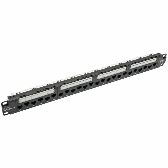 Eaton N252-024-6A Tripp Lite 24-port 1U rack-mount Cat6a patch panel with cable management bar and RJ45 punchdown ports