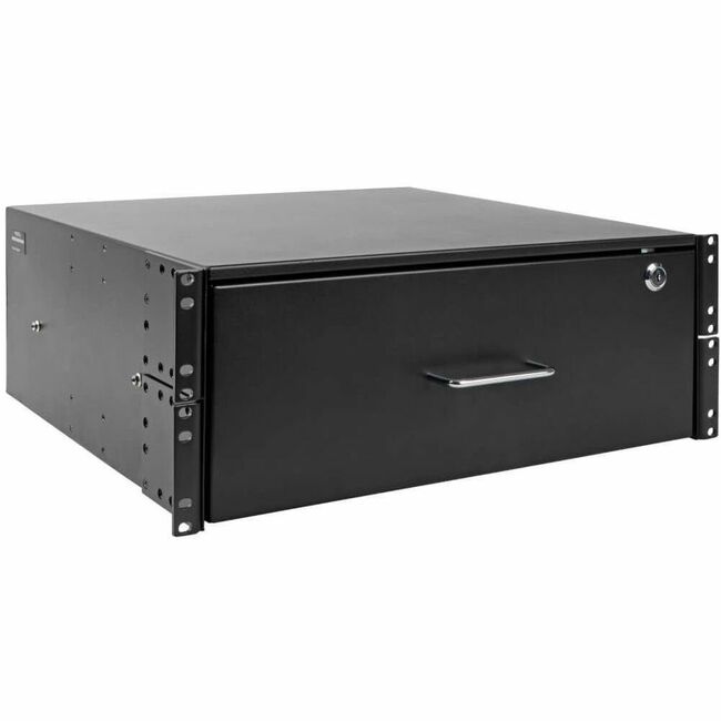 Eaton SRDRAWER4U locking rackmount storage drawer in open frame rack enclosure, designed for secure equipment organization.