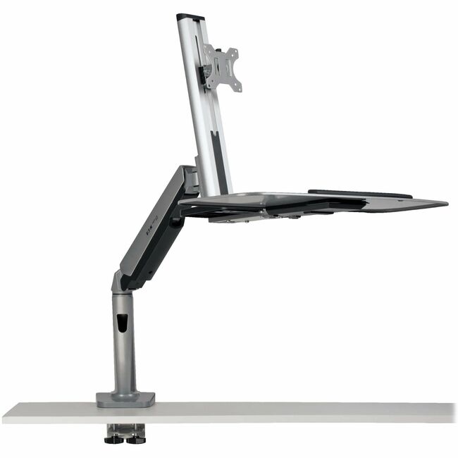 Eaton WorkWise desk-mounted workstation with single monitor mount and mounting kit, shown on a work desk.