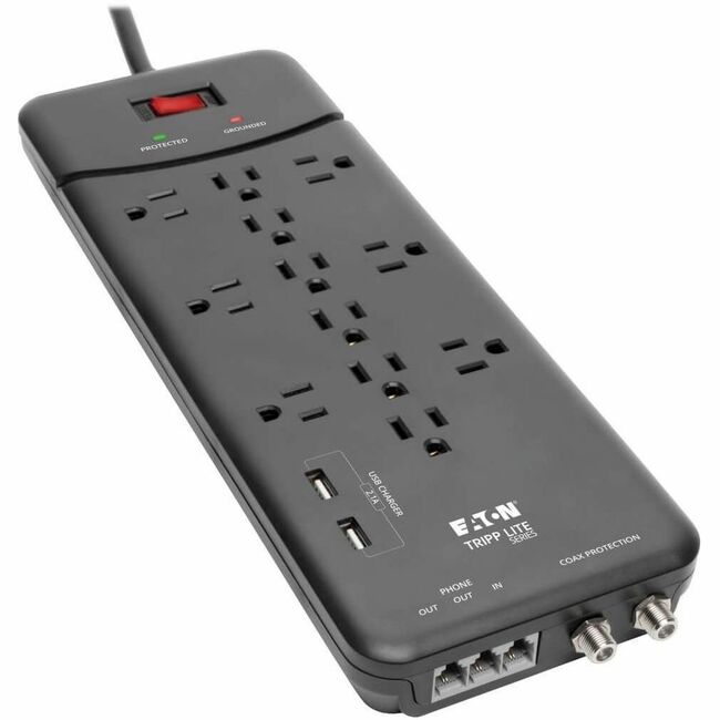 Eaton TLP128TTUSBB Tripp Lite by Eaton Protect It! 12-Outlet Surge Protector 8 ft. (2.43 m) Cord 4320 Joules Tel/Modem/Coax Protection 2 USB Ports Black