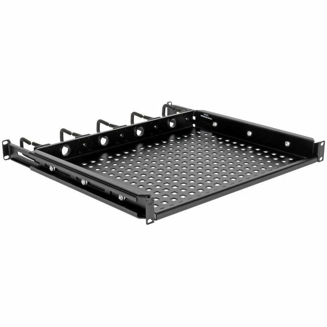 Eaton Tripp Lite SmartRack steel rack shelf with vented surface, cable rings, 14.2-inch depth, supports up to 50 lbs, 1U rack equipment.