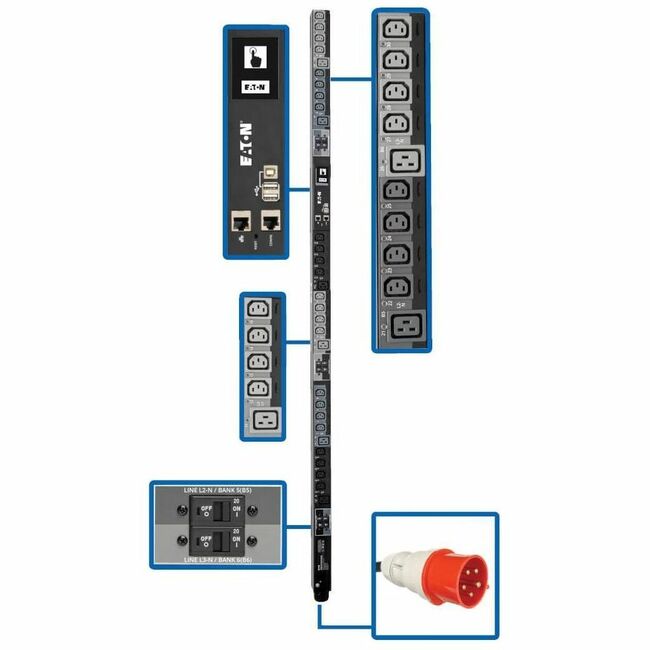 Eaton PDU3XEVSR6G32B Tripp Lite by Eaton PDU 23kW 220-240V 3PH Switched PDU - LX Interface Gigabit 30 Outlets IEC 309 32A Red 380-415V Input LCD 1.8 m Cord 0U 1.8 m Height TAA