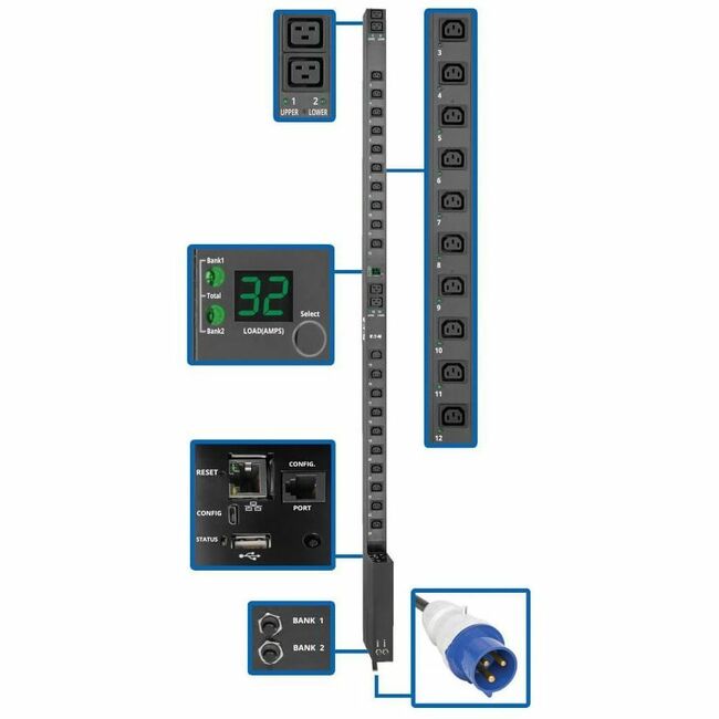 Eaton PDUMV32HVNETLX 7.7kW Single-Phase Switched PDU with LX Platform Interface, 230V Output, IEC 309 32A Blue, 10 ft. (3.05 m) Cord, 0U, TAA