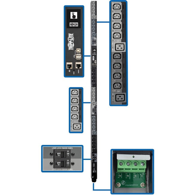 Eaton PDU3XEVSRHWB Tripp Lite Series 28.8kW 220-240V 3PH Switched PDU - LX Interface, Gigabit, 30 Outlets, Hardwire 380-415V Input, LCD, 1.8 m Cord, 0U 1.8 m Height, TAA
