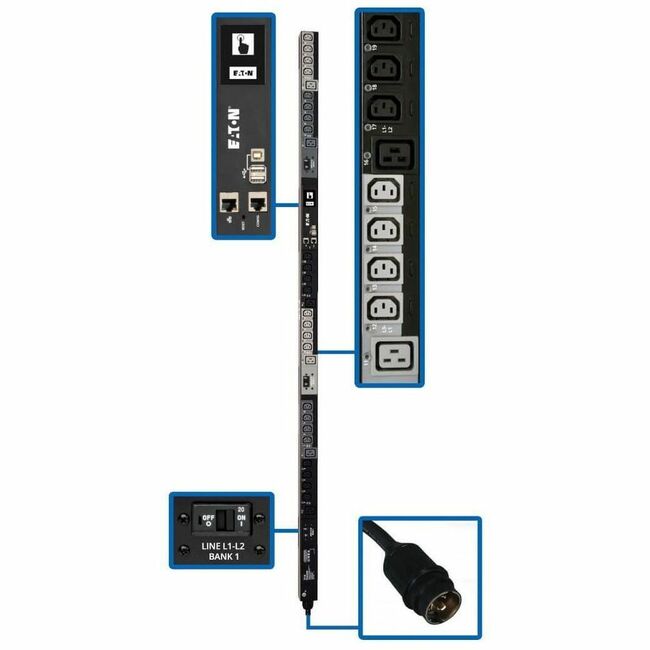Eaton PDU3EVS6L2130 Tripp Lite by Eaton PDU 10kW 200-240V 3PH Switched PDU LX Interface Gigabit 30 Outlets L21-30P Input LCD 1.8 m Cord 0U 1.8 m Height TAA