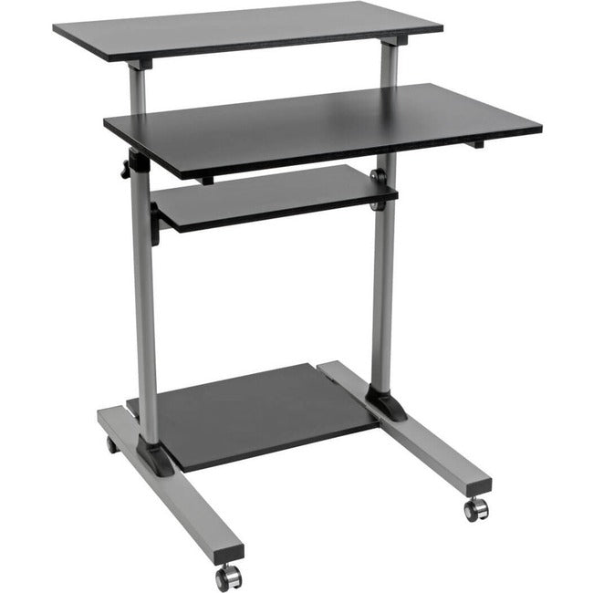 Eaton Tripp Lite rolling desk TV/monitor cart with height adjustment, black steel stand for secure device placement.
