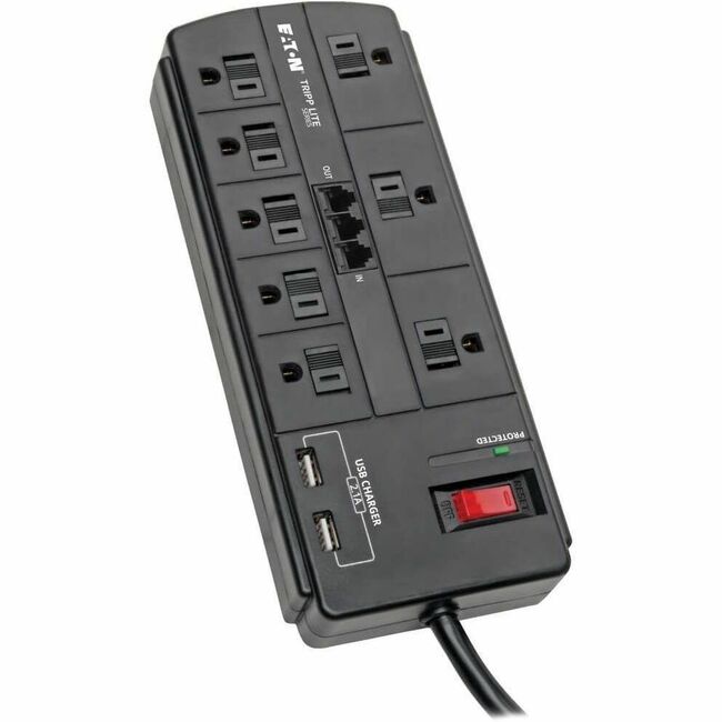 Eaton TLP88TUSBB Tripp Lite Series 8-Outlet Surge Protector with 2 USB Ports (2.1A Shared) - 8 ft. (2.43 m) Cord, 1200 Joules, Tel/Modem, Black