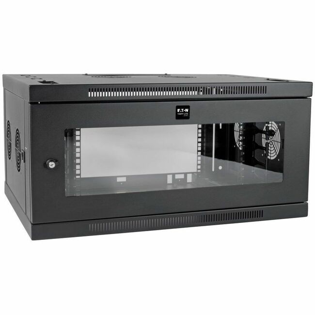 Eaton SmartRack 6U low-profile wall-mount mini rack enclosure with wide acrylic window and switch-depth design.