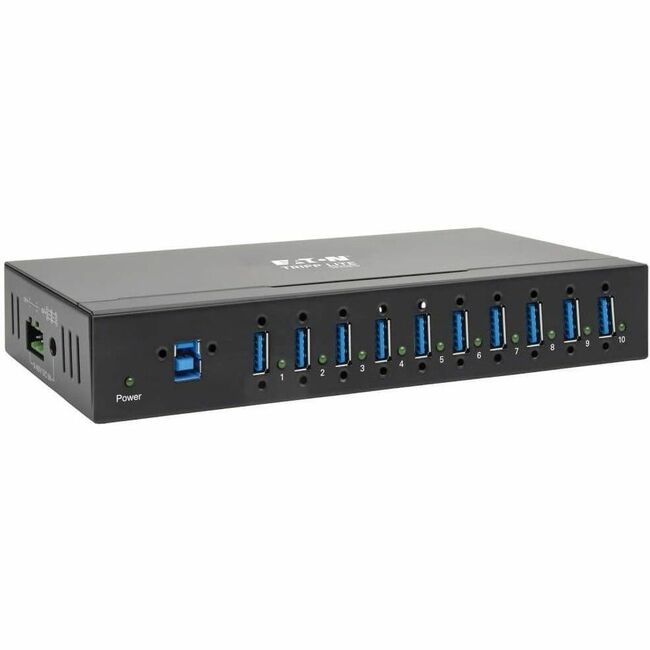 Eaton U360-010-IND industrial USB 3.0 hub with metal housing, 10 ports, mountable design, and 20 kV ESD immunity.