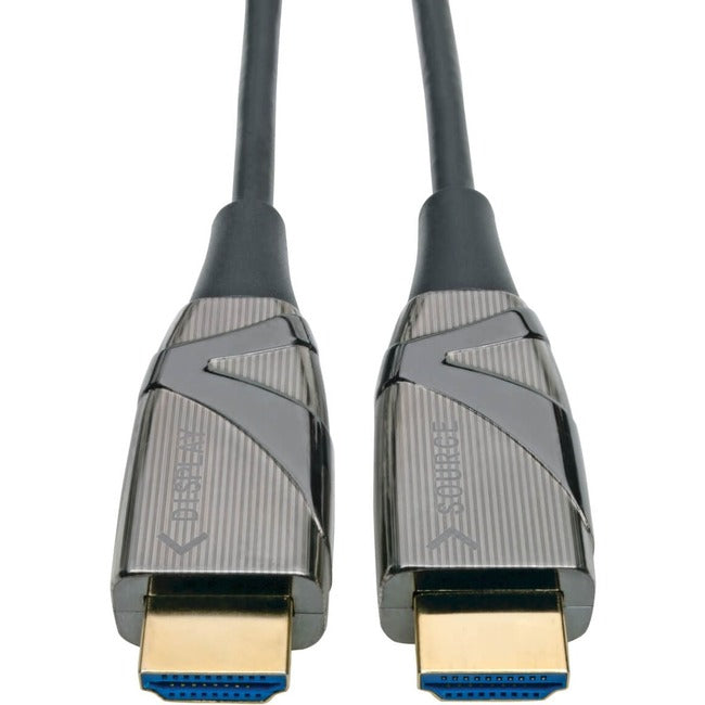 Eaton Tripp Lite 4K HDMI fiber optic cable with HDR and 4:4:4 support, 10m length, showing connectors and fiber optic design.