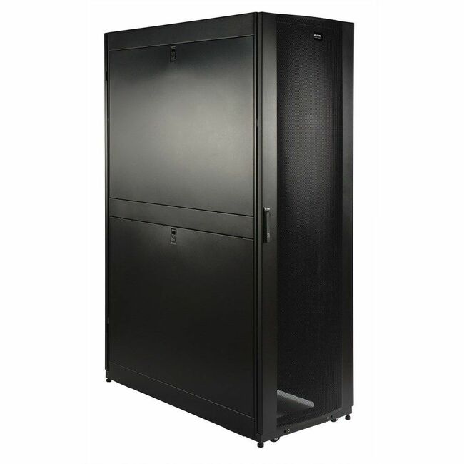 Eaton Tripp Lite SR42UBDP48 42U server rack with 48-inch depth, doors, and side panels, designed for data center equipment.
