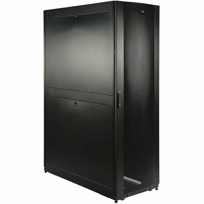 Eaton SR48UBDP48 48U SmartRack server rack with doors and side panels, 48-inch depth, black metal construction, front and side views.
