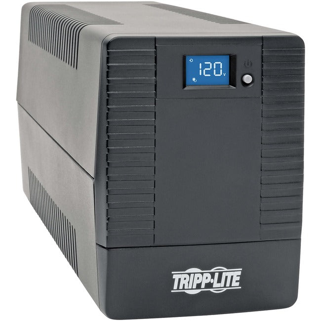 Eaton OMNI700LCDT Tripp Lite 700VA line-interactive UPS with LCD display, 6 outlets, USB port, and AVR for reliable power backup.