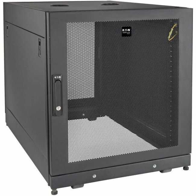 Eaton SR14UBDP 14U SmartRack server rack enclosure with doors and side panels, showing the deep, sturdy steel frame.