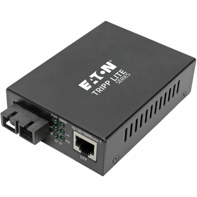 Eaton Tripp Lite Gigabit multimode fiber to Ethernet media converter with SC port, POE+ support, 850 nm, 550-meter range.