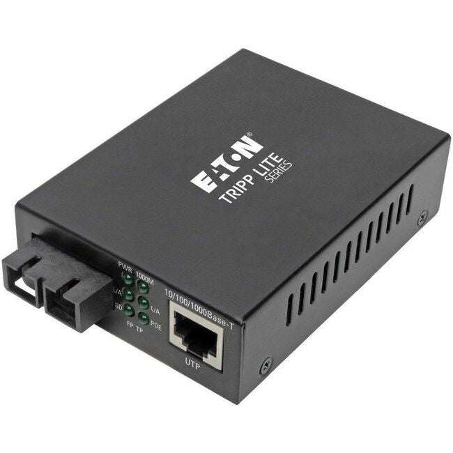 Eaton Tripp Lite Gigabit Singlemode Fiber to Ethernet Media Converter with POE+, SC port, 1310 nm, supports 20 km distance.