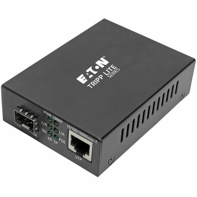 Eaton N785-P01-SFP Tripp Lite Gigabit SFP fiber to Ethernet media converter with POE+ and 10/100/1000 Mbps ports, front view.