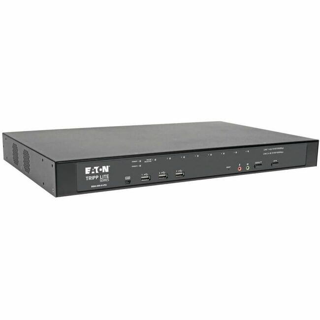 Eaton Tripp Lite 8-port Cat5 KVM over IP switch with virtual media, 1U rack-mount, for local and remote user access.