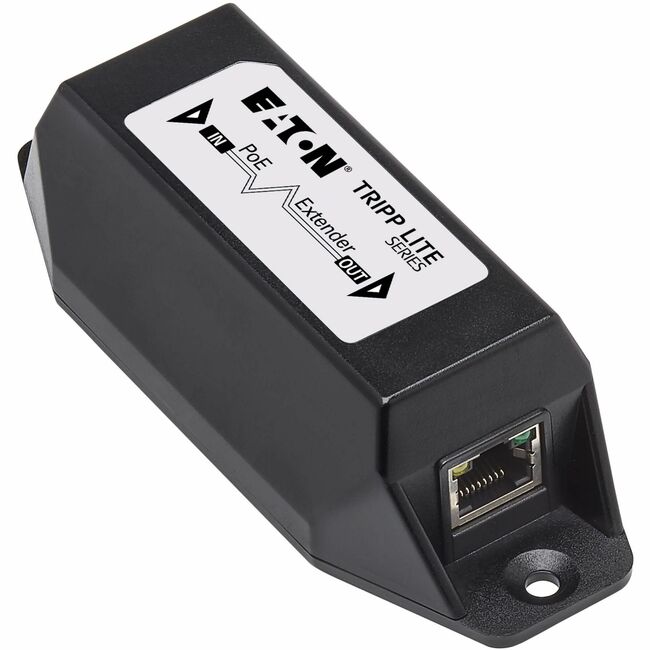 Eaton NPOE-EXT-1G30 Gigabit Ethernet PoE+ extender with Cat5e/6 cables, 30W power, extending up to 328 feet in the TDS image