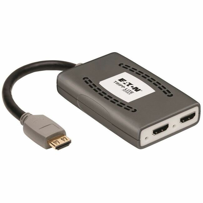 Eaton B118-002-HDR-V2 Tripp Lite 2-Port HDMI splitter showing HDMI ports and cables for 4K resolution and HDR support