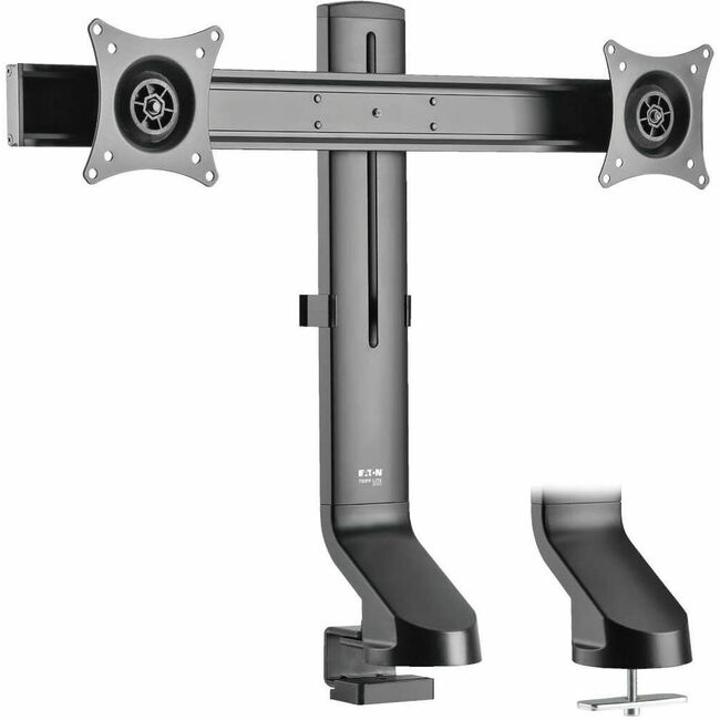 Eaton DDR1727DC dual-display monitor arm with desk clamp, grommet, and height adjustment for 17 to 27-inch monitors.