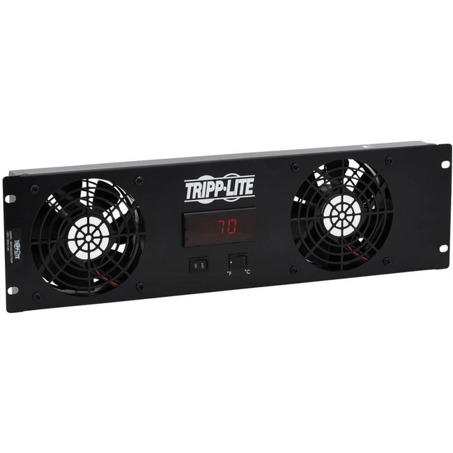 Eaton SRFAN3UDCTEMP fan tray with digital temperature sensor, two quiet 12VDC fans, blanking panel, and LCD display.