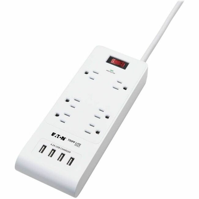 Eaton TLP64USBRA15 Tripp Lite Series 6-Outlet Surge Protector with 4 USB Ports (4.2A Shared) - 15 ft. (4.57 m) Cord, 5-15P Plug, 900 Joules, White